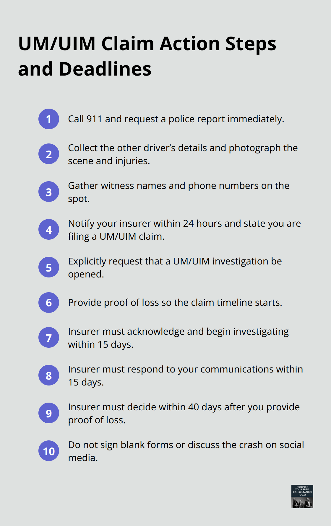 Compact checklist of the key steps and timing to file a Sacramento UM/UIM claim effectively