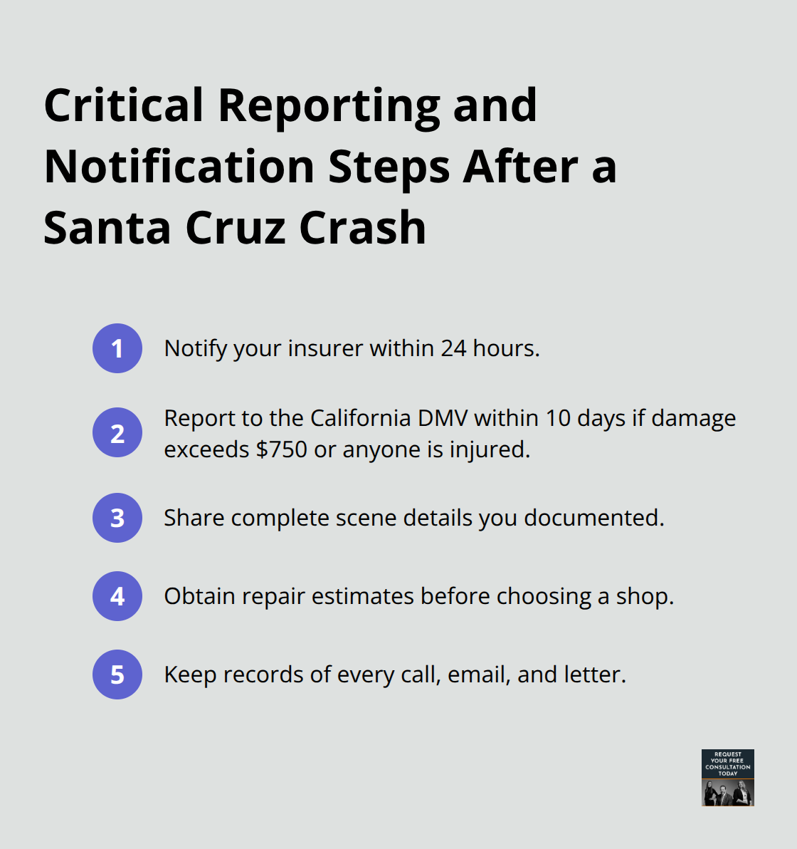 Key post-accident reporting and notification steps with timelines for Santa Cruz County drivers - Santa Cruz accident resources