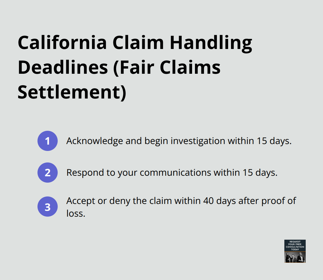 Timeline of insurer obligations: acknowledge in 15 days, respond in 15 days, decide in 40 days after proof of loss. - Santa Cruz auto compensation