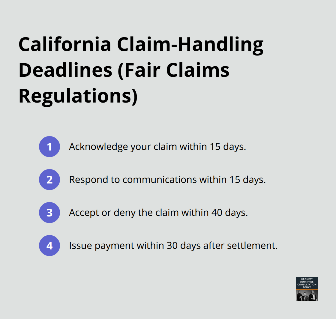 Key insurer timelines for California auto claims: 15-day acknowledgment, 15-day response, 40-day accept/deny, and 30-day payment after settlement. - Santa Cruz auto compensation