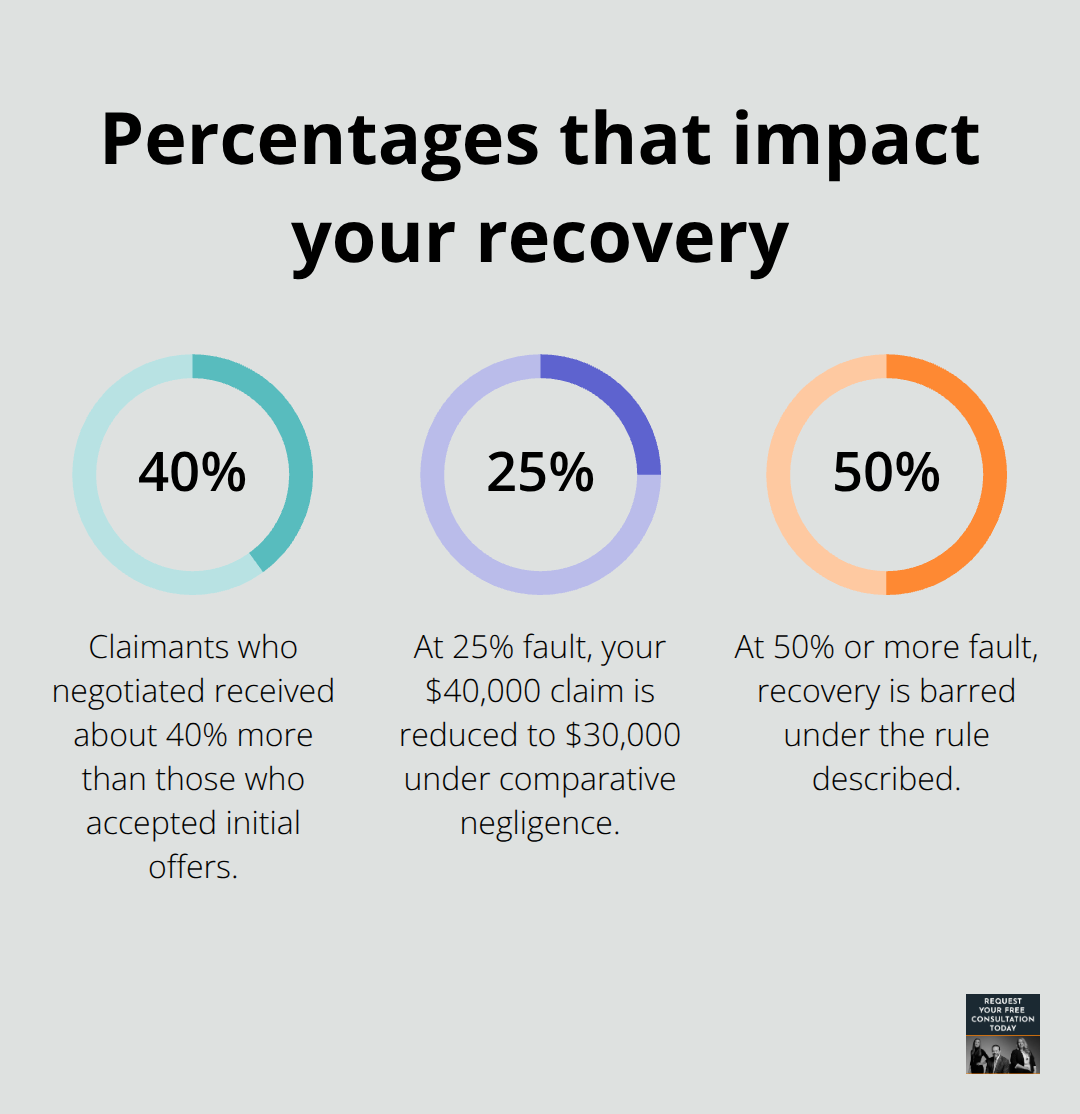 Key percentages affecting car accident recoveries: negotiation uplift, fault reduction, and the 50% bar to recovery. - Santa Cruz auto compensation