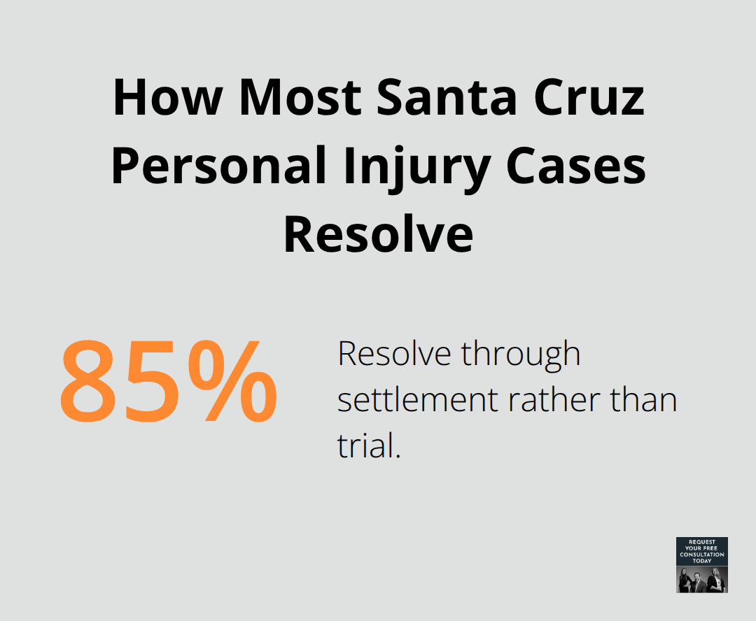 Chart showing that roughly 85% of Santa Cruz County personal injury cases resolve via settlement