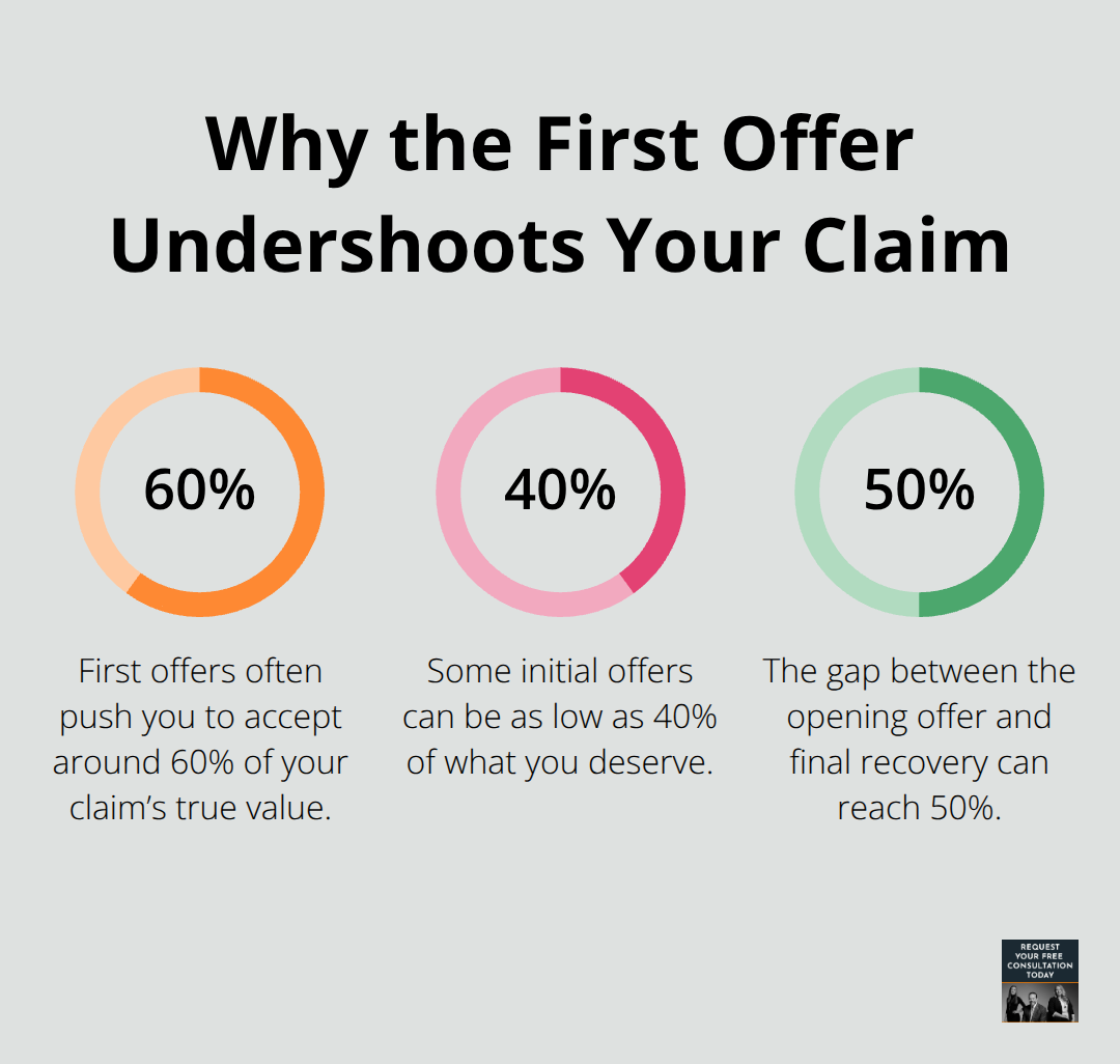 Percentages illustrating how initial insurance offers and negotiation gaps commonly underpay accident victims.