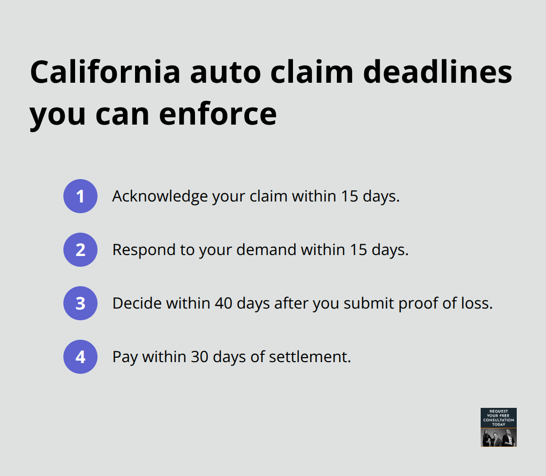 Key California claim handling deadlines: 15-day acknowledgment, 15-day response, 40-day decision, and 30-day payment.