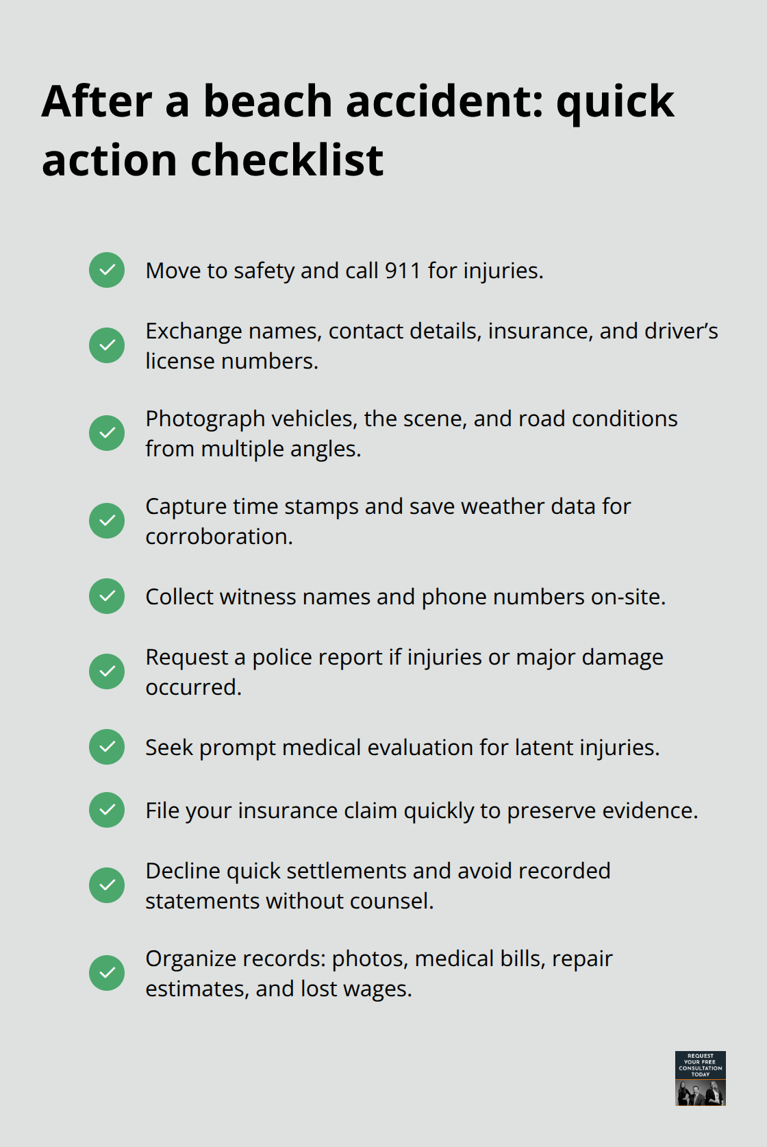 Checklist infographic of immediate steps to take after a Santa Cruz beach-area accident. - santa cruz beach area accidents