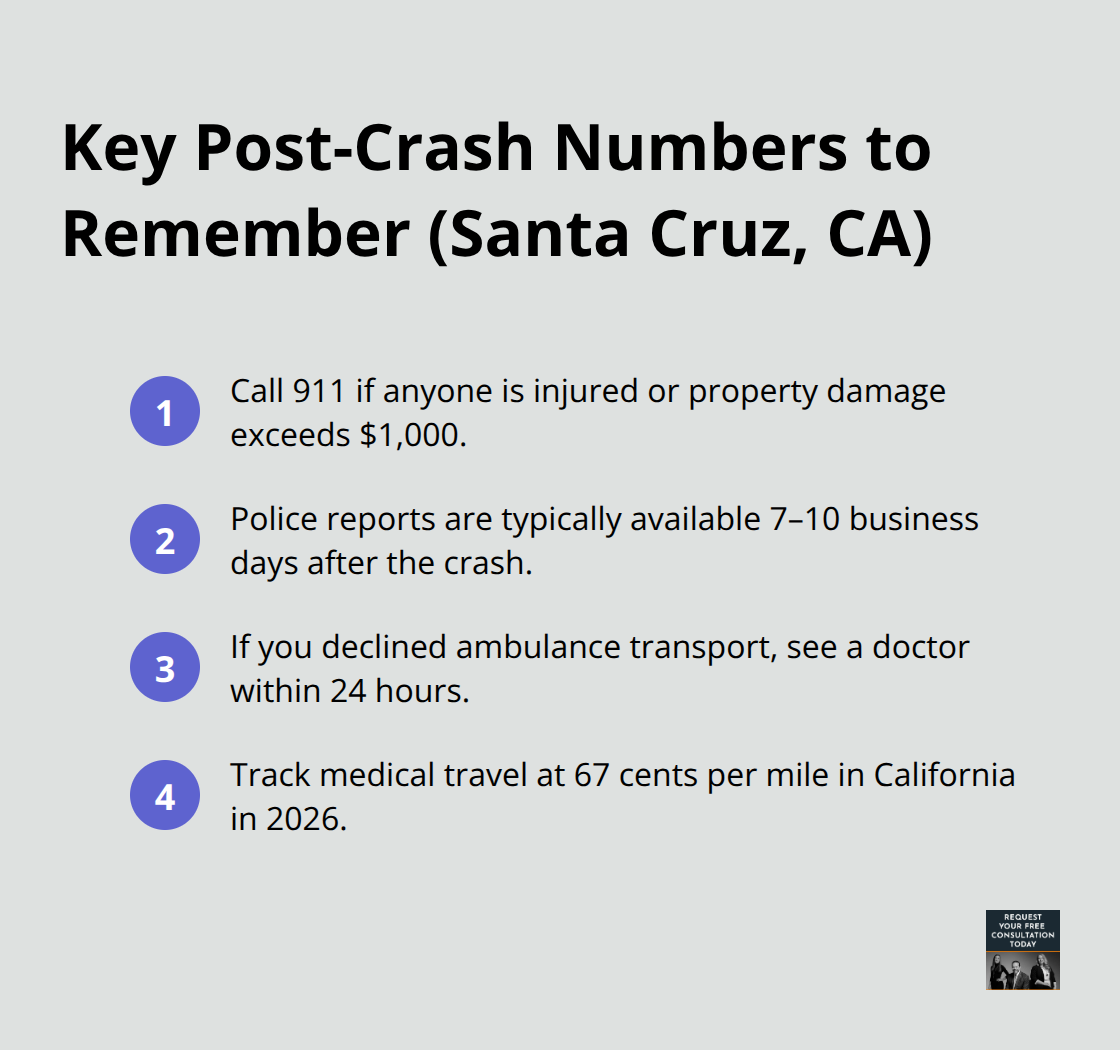 Quick-reference list of critical post-crash numbers for Santa Cruz cyclists, including 911 threshold, report timing, medical follow-up, and mileage rate. - santa cruz bicycle accident