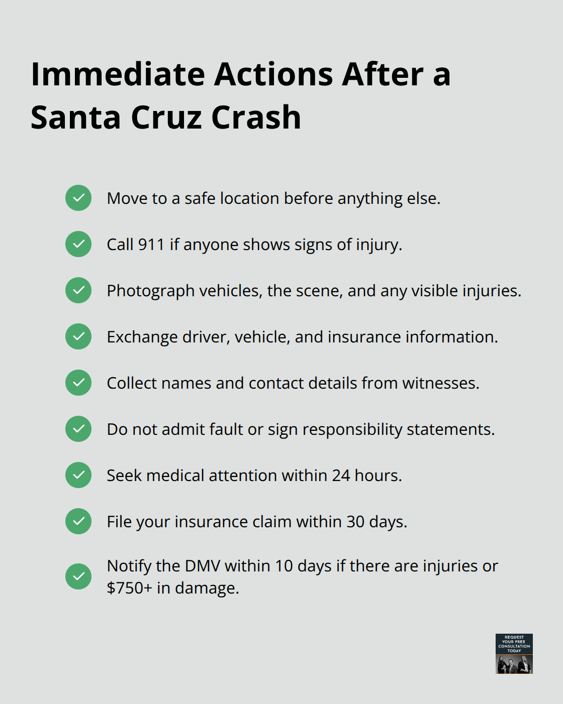 Checklist of urgent steps to take after a Santa Cruz car accident in California