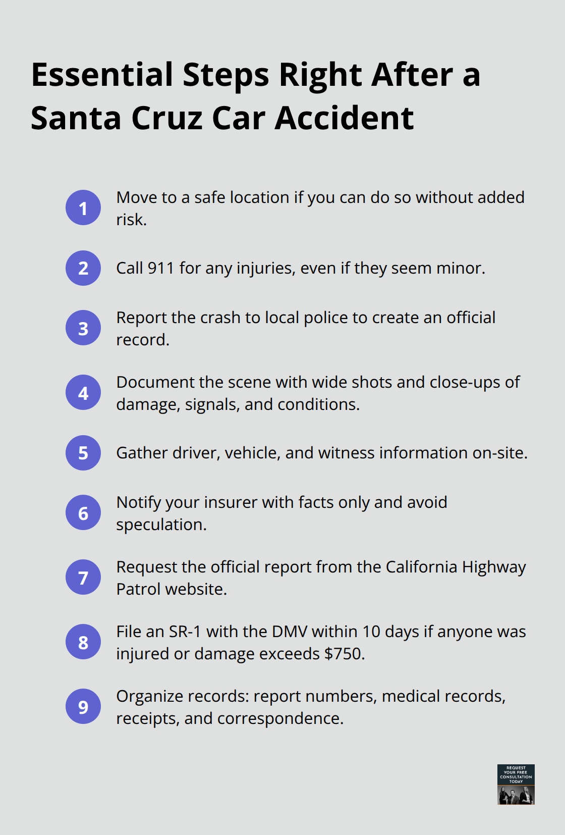 Compact checklist of immediate actions to take after a car crash - Santa Cruz car attorney