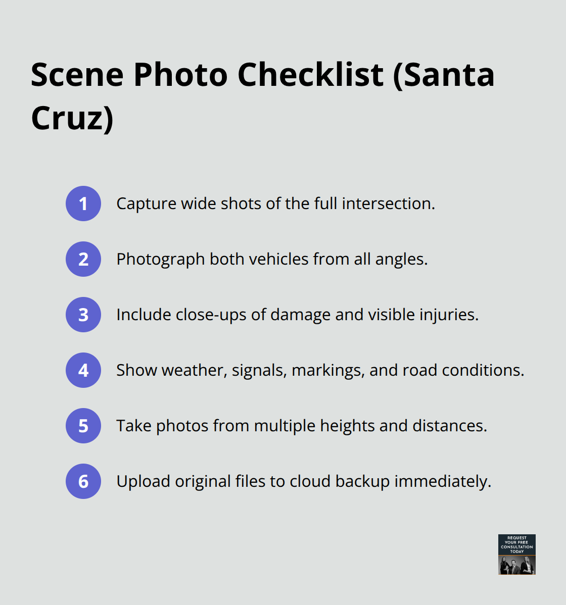 Compact checklist of must-have crash scene photos for Santa Cruz collisions - santa cruz evidence collection