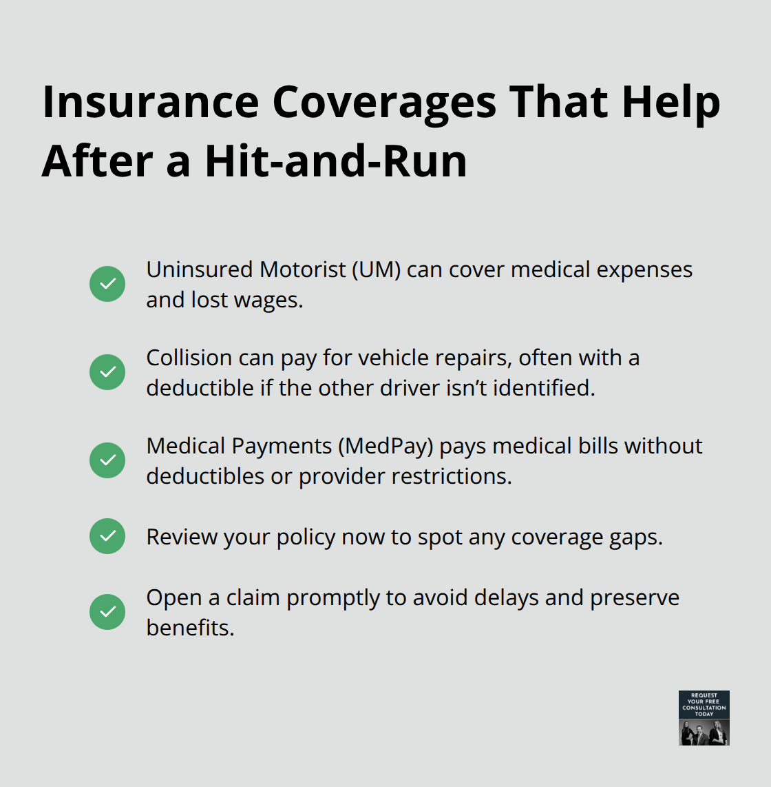 Checkmark list of insurance coverages useful when the at-fault driver is unknown. - santa cruz hit and run