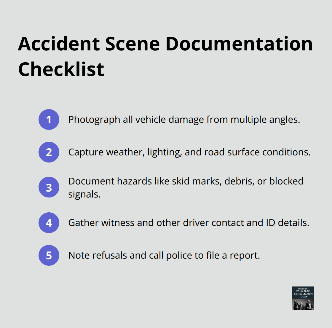 Checklist of key items to document at a car accident scene in Santa Cruz, including photos, conditions, hazards, and contacts.