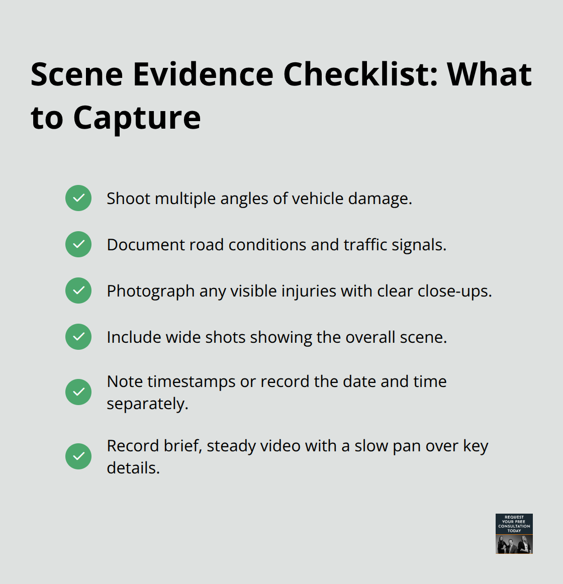 Checklist of photos and video to document a minor injury scene in Santa Cruz. - santa cruz minor injury claims