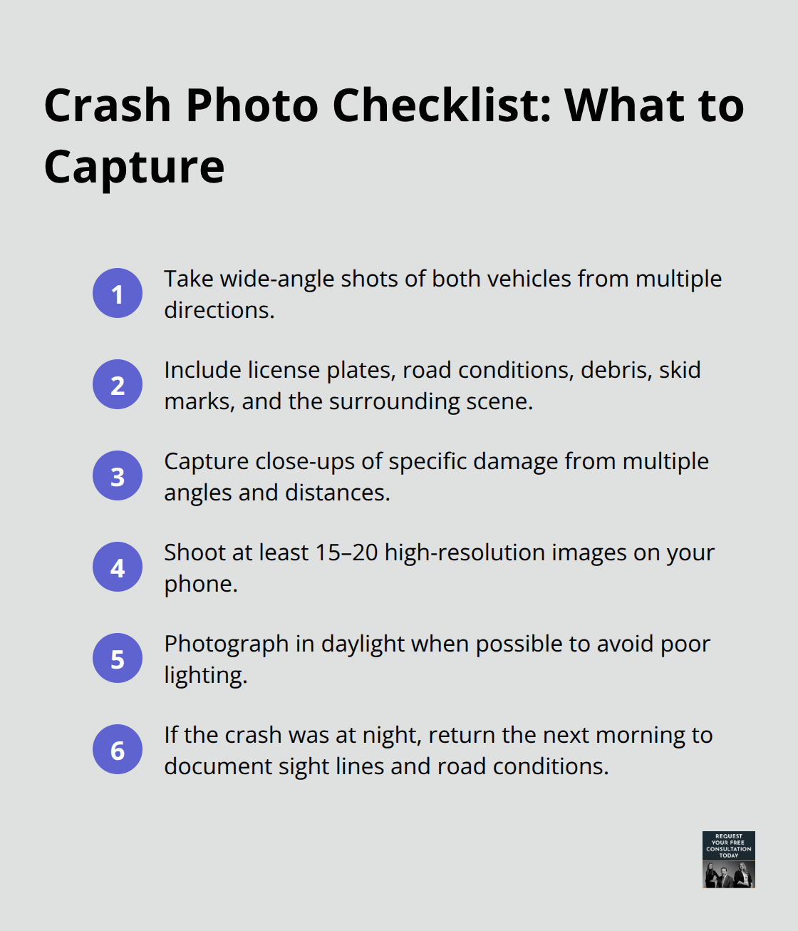 Quick checklist of essential accident photos to document vehicle damage and scene details - Santa Cruz property damage
