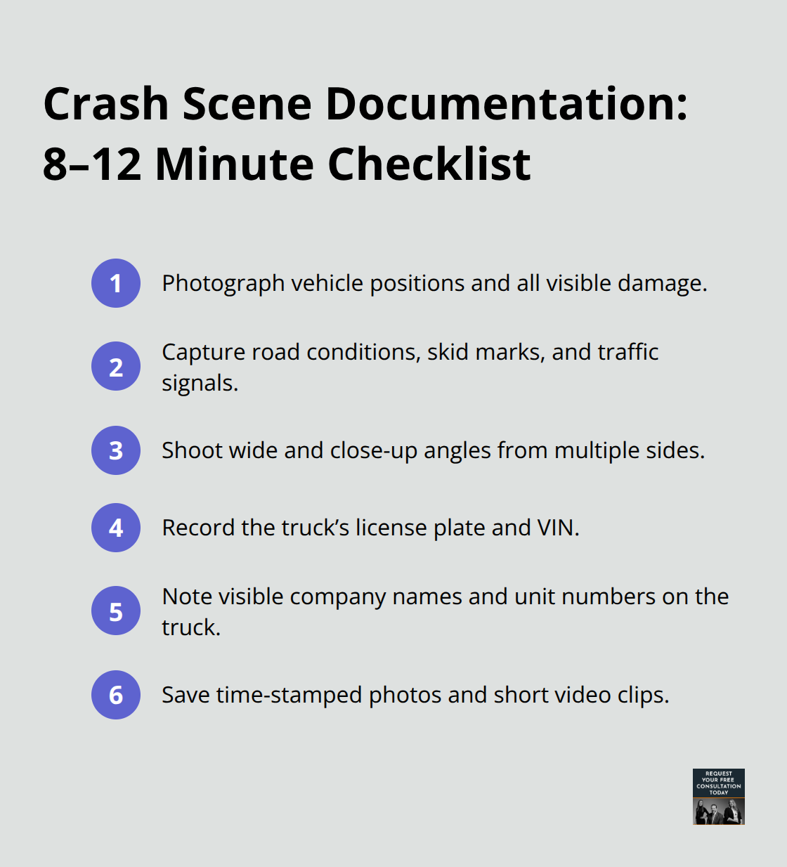 Quick checklist of what to capture at a truck crash scene within the average 8–12 minute response window.