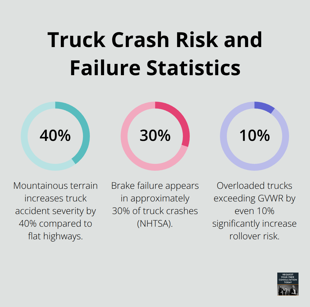 Percentage chart highlighting severity increase in mountains, brake failure rate, and rollover risk with overweight loads - santa cruz truck accident