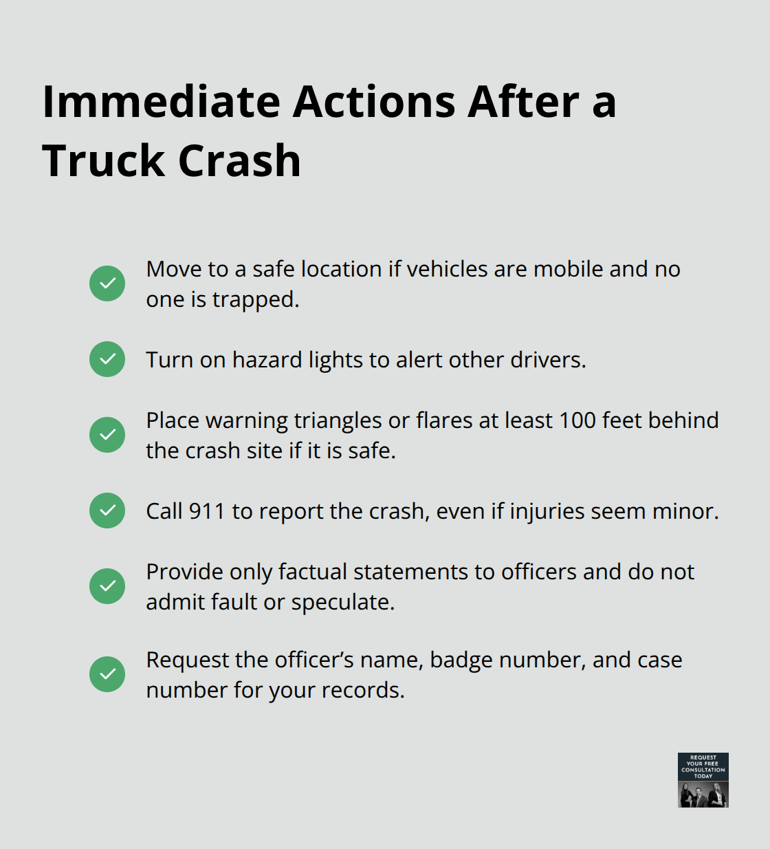 Checklist of critical steps to take immediately after a truck collision in the United States. - Santa Cruz truck crash