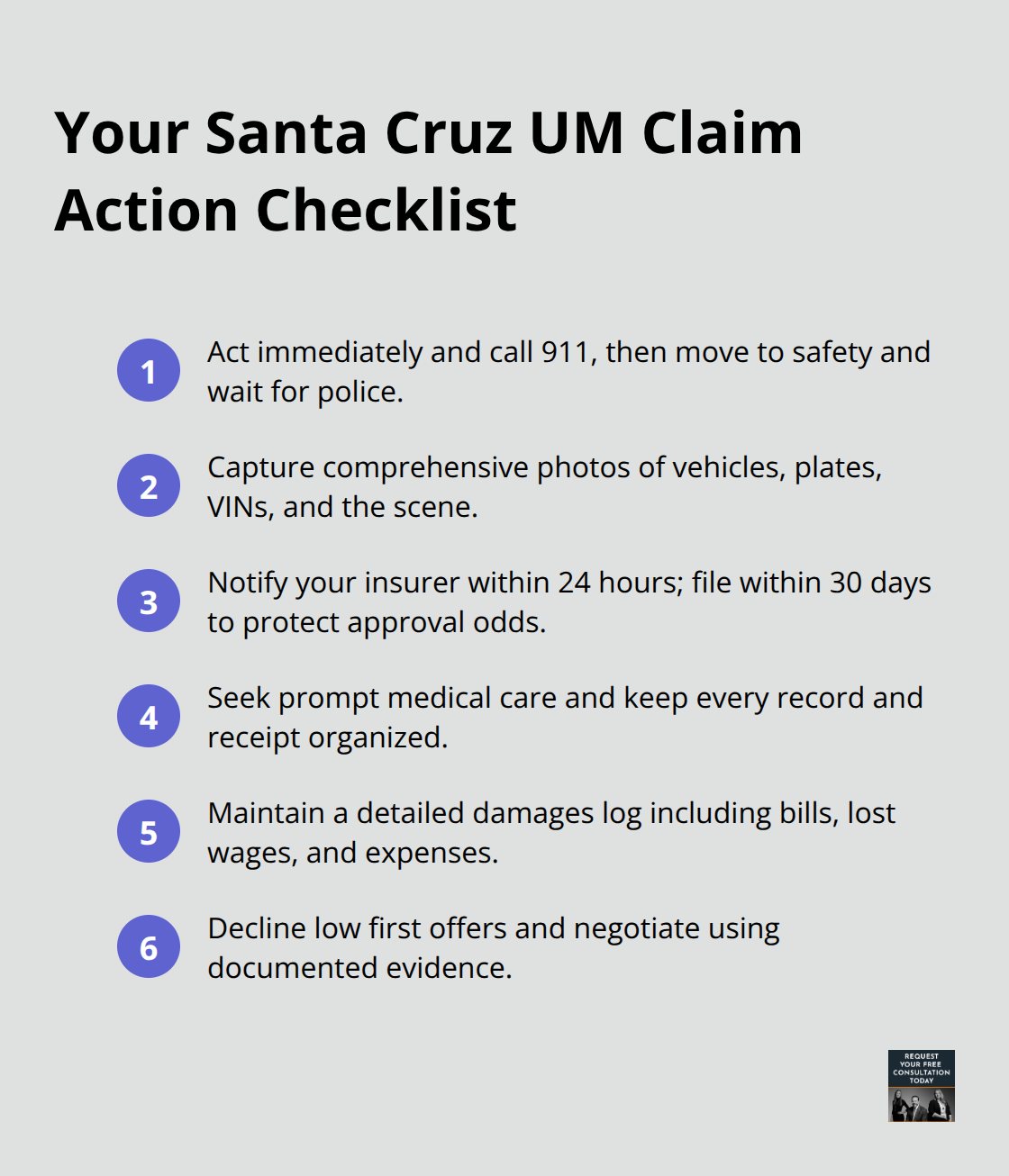 Six-step checklist summarizing the key actions to take for a Santa Cruz uninsured motorist claim - santa cruz uninsured motorist 2