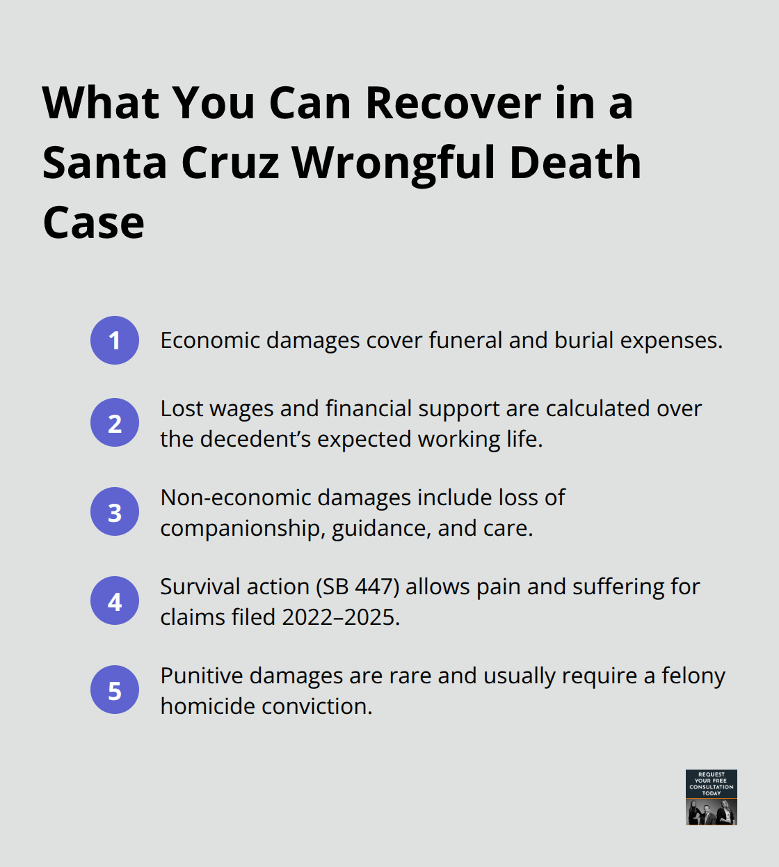 Compact list outlining economic, non-economic, survival action, and punitive damages in California wrongful death cases. - santa cruz wrongful death