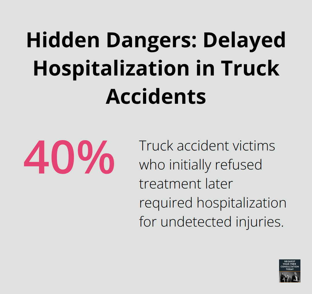 Infographic showing 40% of truck accident victims who initially refused treatment later required hospitalization for undetected injuries. - semi truck accident compensation