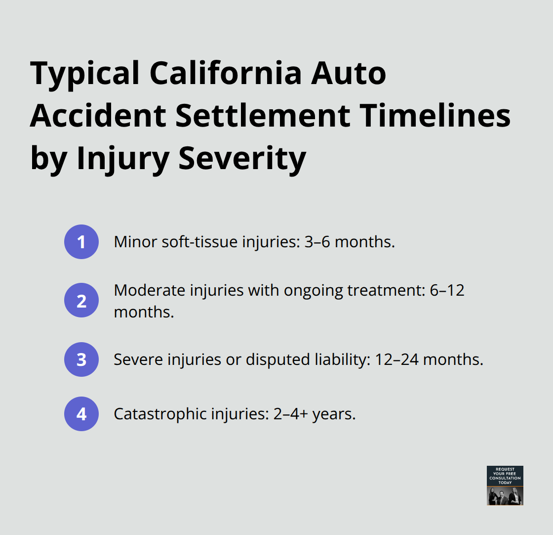 Visual summary of settlement timeframes by injury severity in California - Settlement timeline auto crash