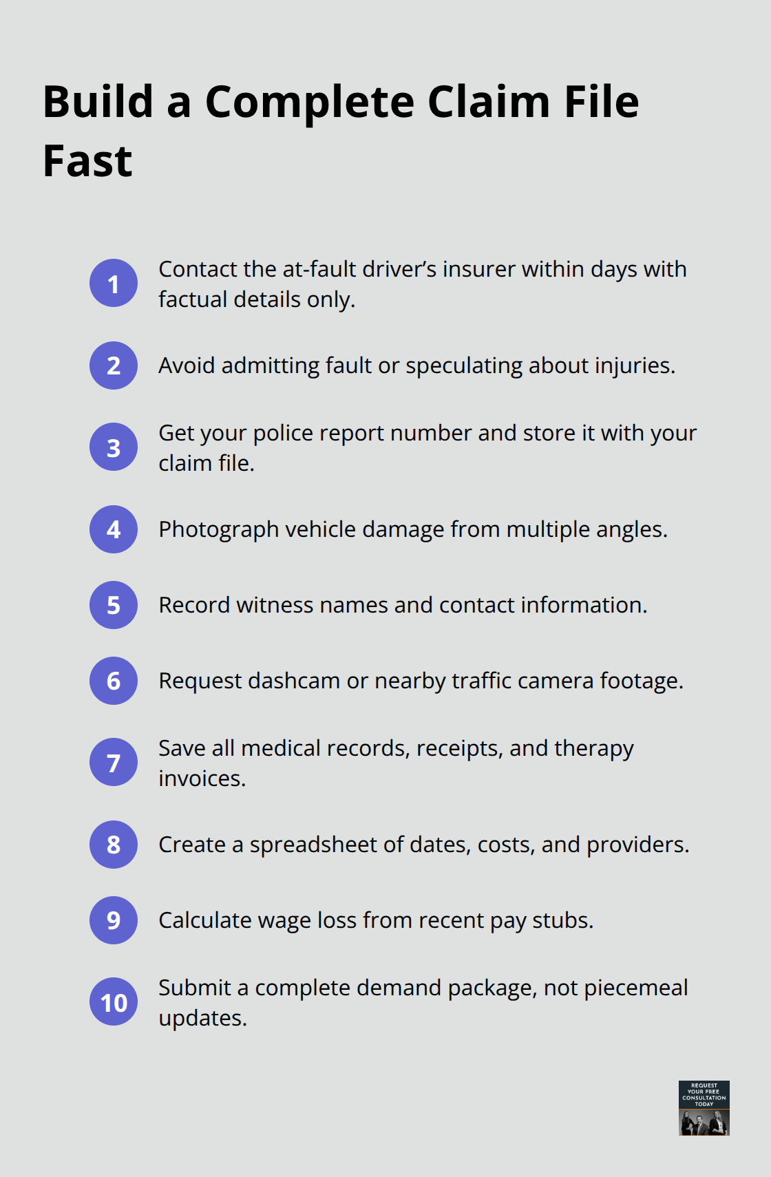 Compact checklist of steps to assemble a complete auto accident claim file in the United States. - Settlement timeline auto crash