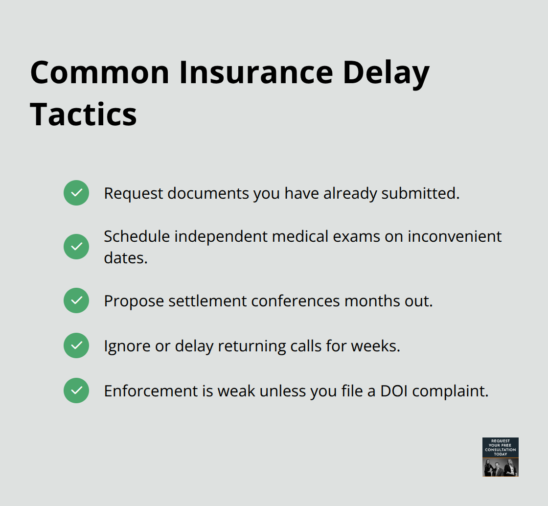 Checklist of frequent insurer delay tactics that slow auto accident settlements.