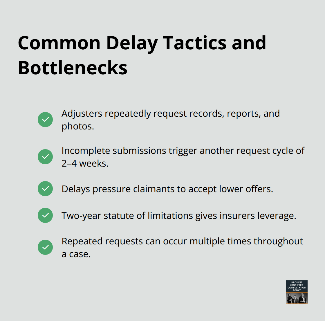Checklist of frequent causes of delay in auto accident claims