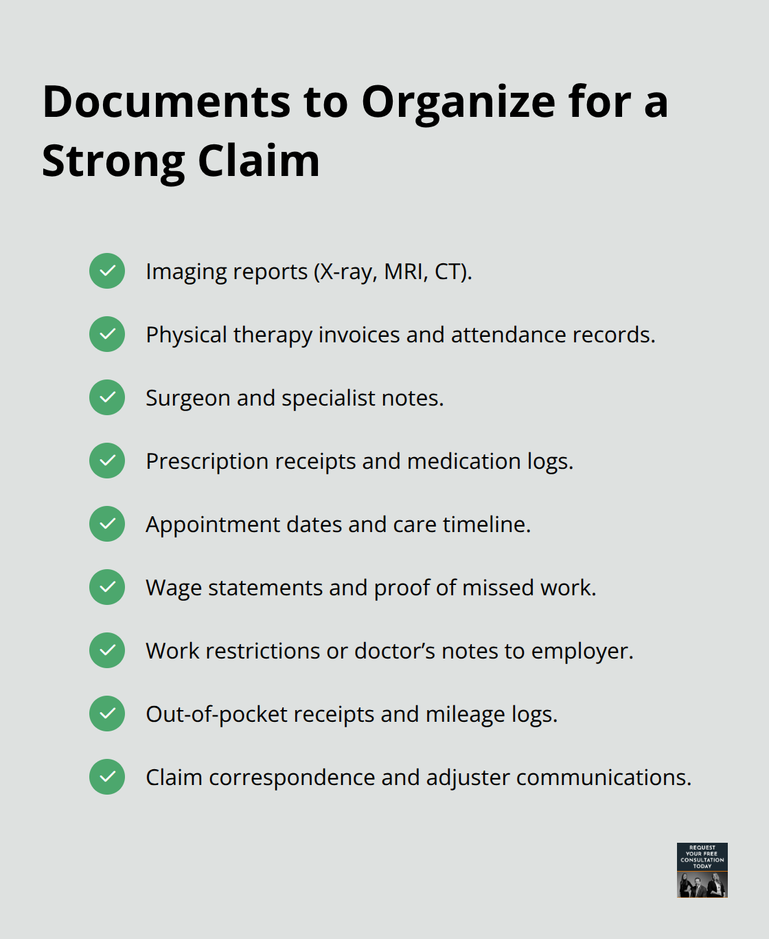 Checkmark list of key documents to organize for a stronger insurance claim. - Shoulder injury Santa Cruz
