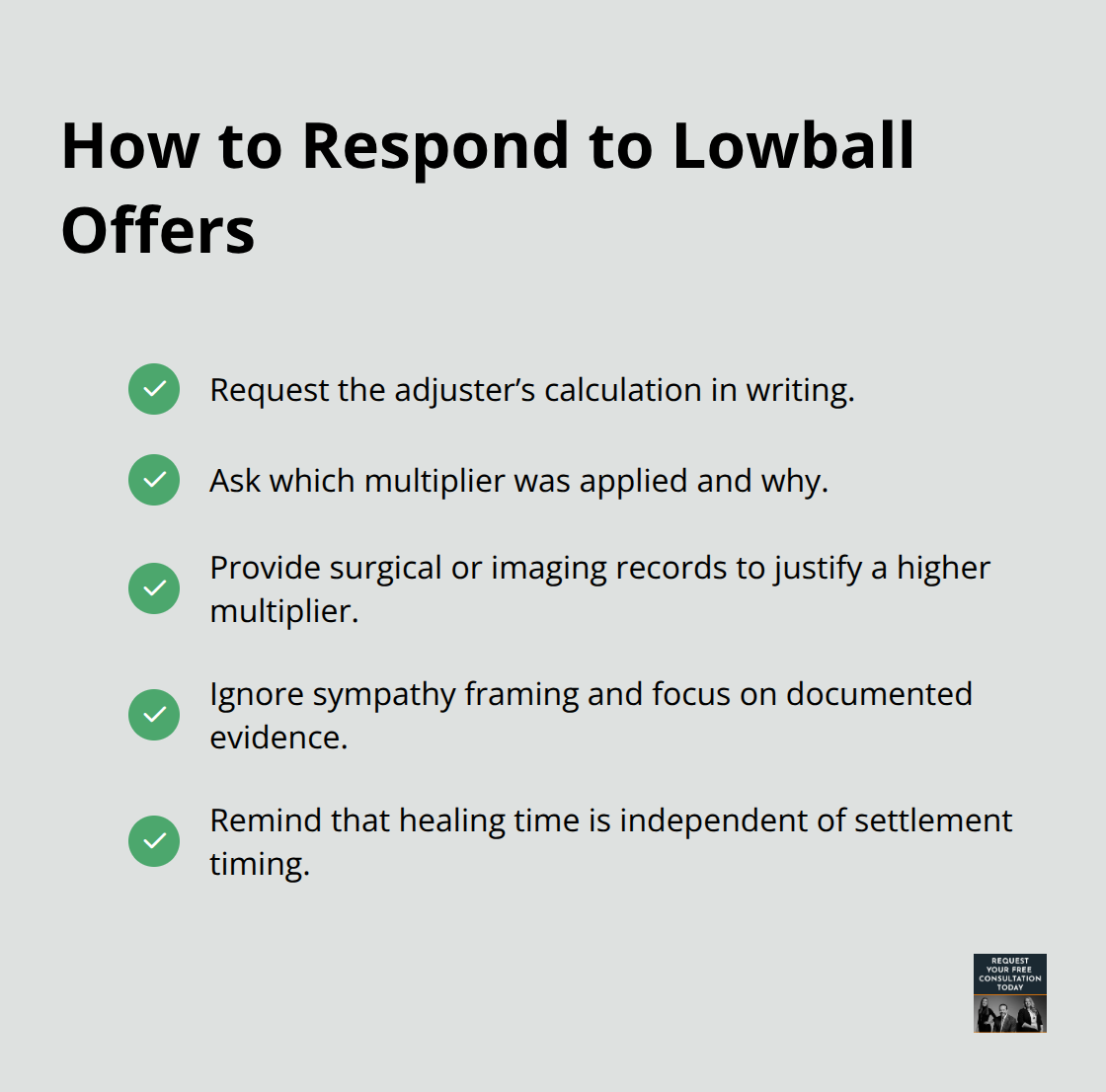 Practical steps to counter early lowball settlement offers from insurers.