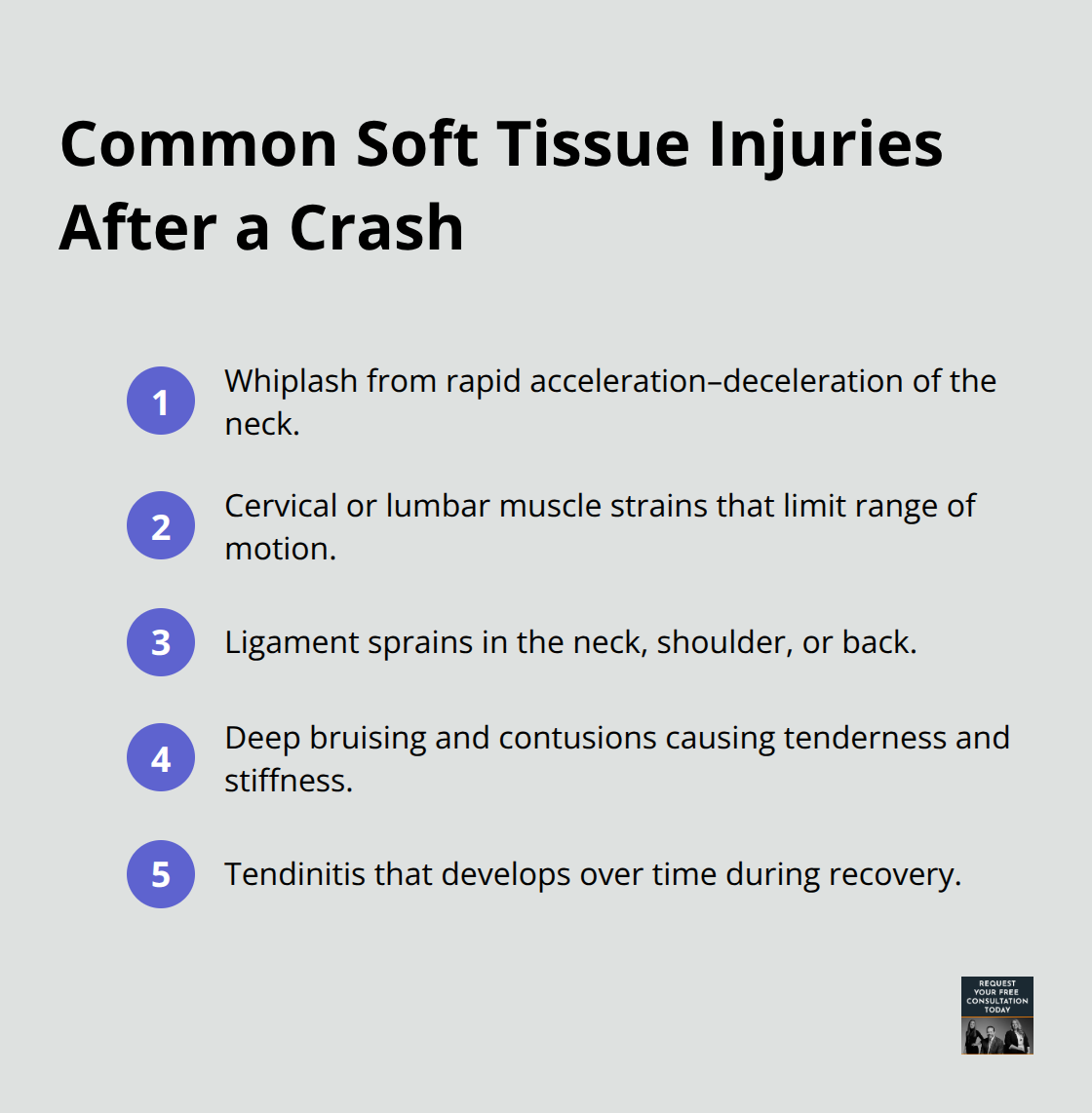 A compact list of common soft tissue injuries seen after car accidents in Santa Cruz. - Soft tissue injury Santa Cruz