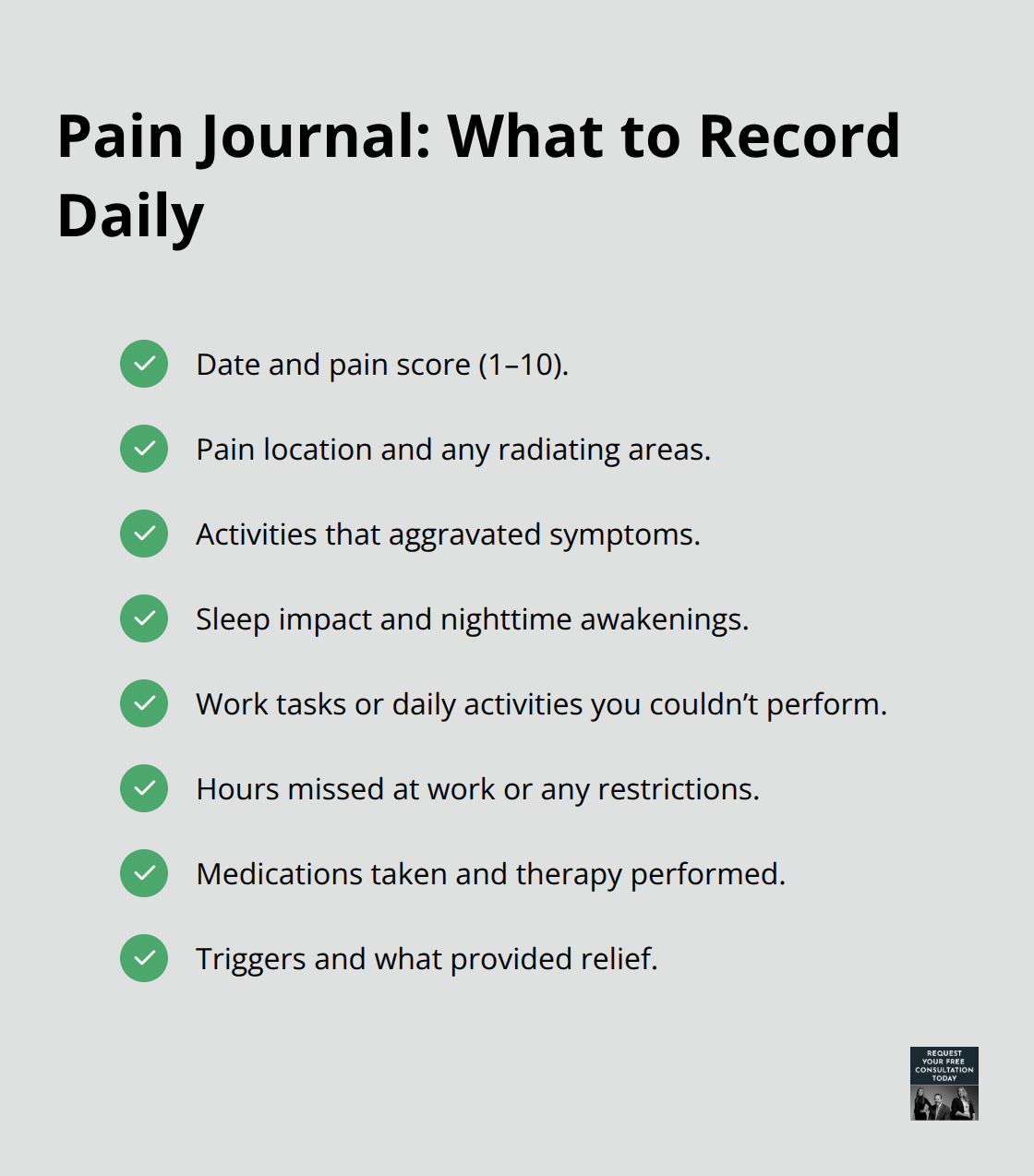 Checklist of daily items to track in a pain journal for soft tissue injury claims. - Soft tissue injury Santa Cruz