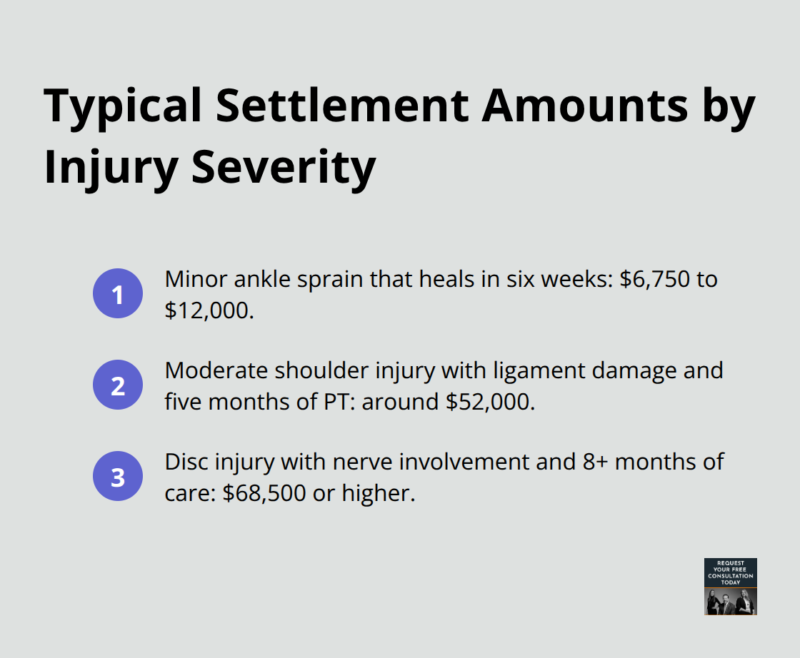 Compact list comparing settlement amounts for minor ankle sprain, moderate shoulder injury, and disc injury with nerve involvement. - Soft tissue injury settlements