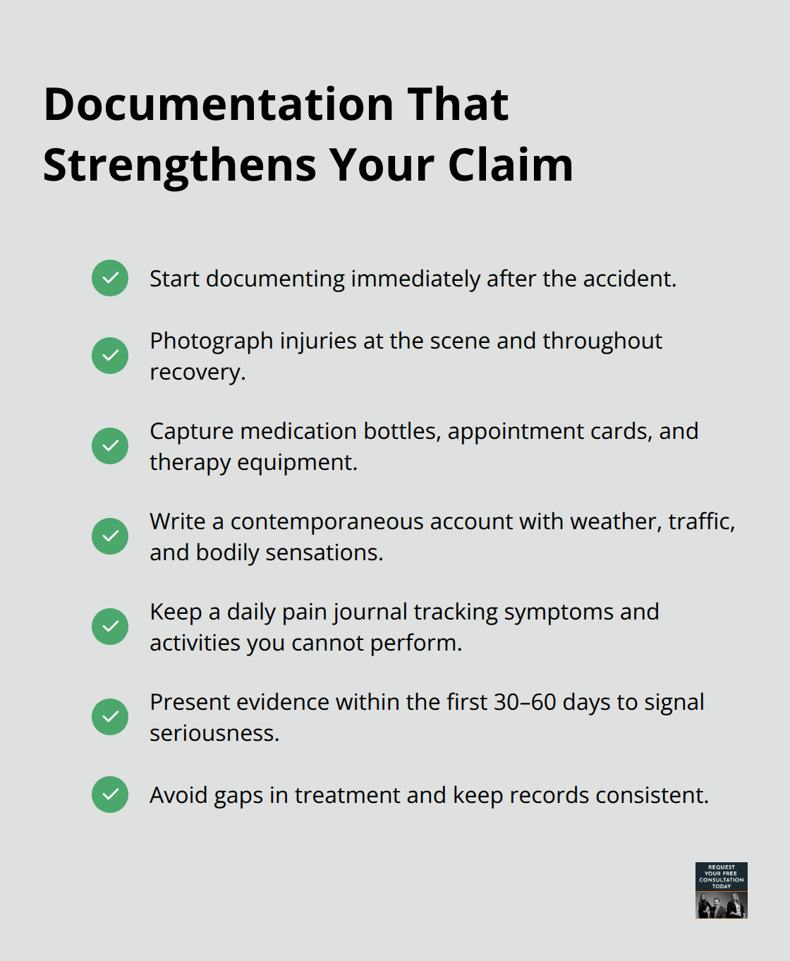 Checklist of documentation steps that make soft tissue injury claims more credible to insurers. - Soft tissue settlement California