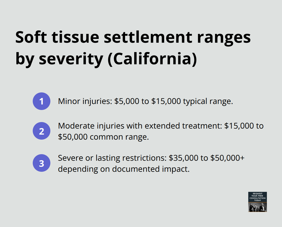 Visual guide to typical settlement ranges by injury severity in California soft tissue cases