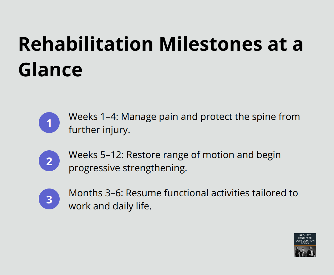 Compact list showing early, mid, and later rehabilitation milestones after a spinal injury. - Spinal injury Santa Cruz