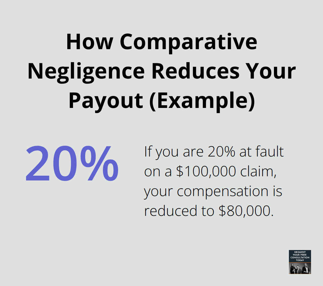 Chart illustrating a 20% fault example reducing a $100,000 claim to $80,000 under California’s pure comparative negligence.