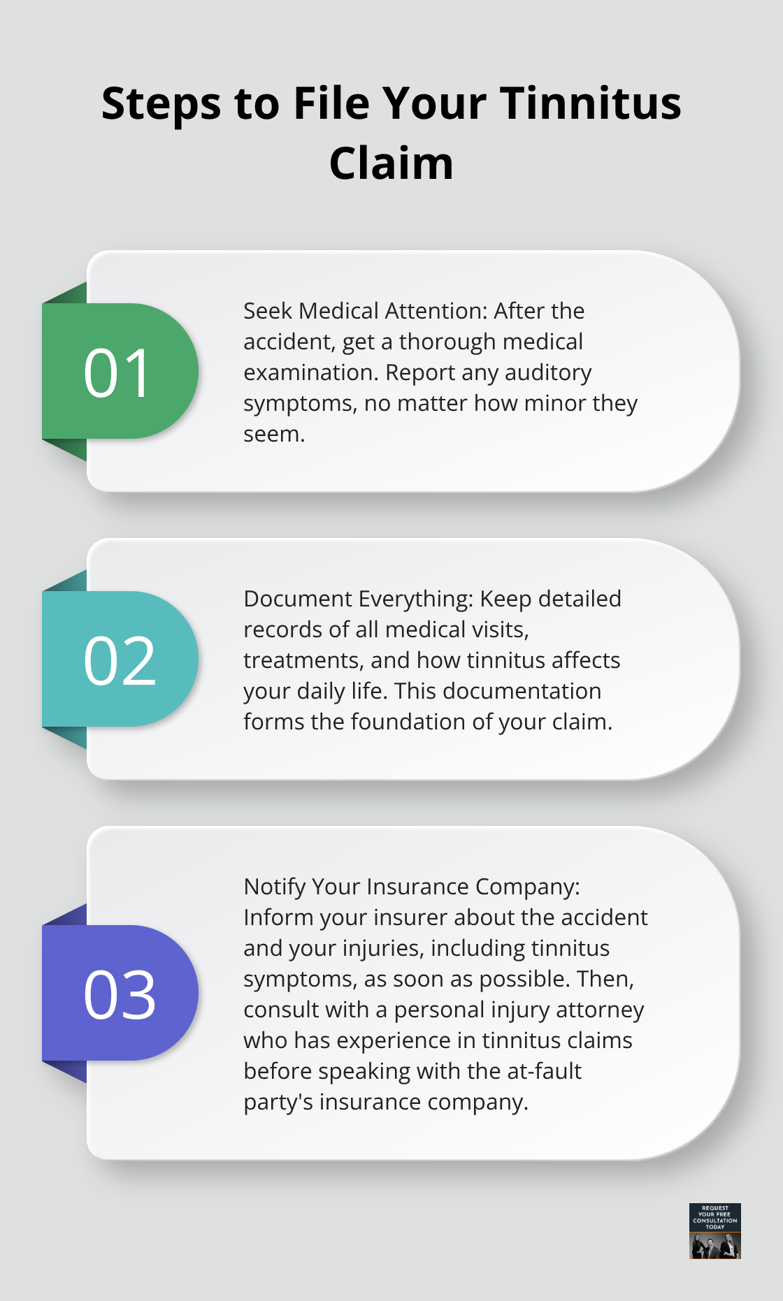 Ordered list of five steps to file a tinnitus claim after a car accident