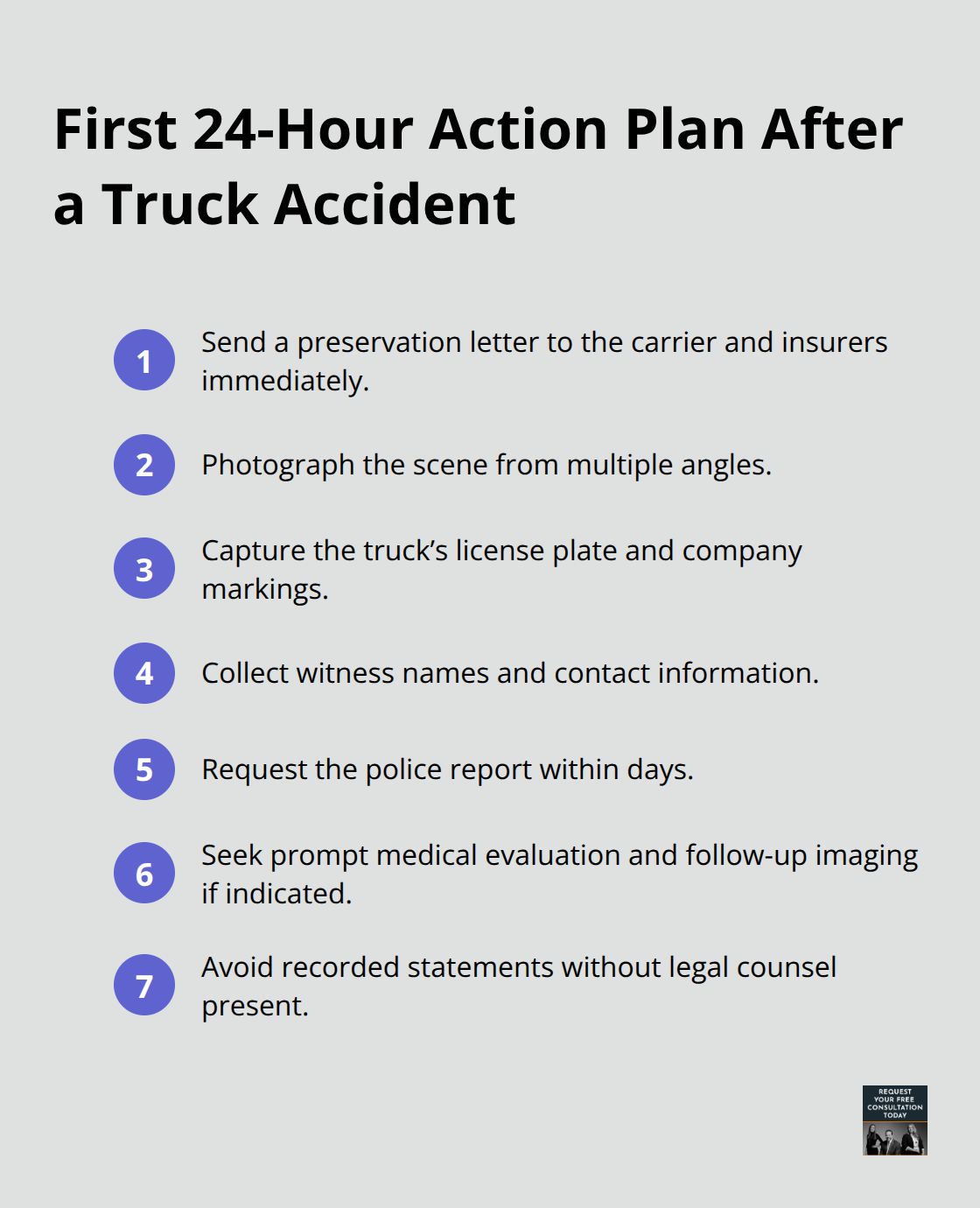 Compact checklist of immediate steps to preserve evidence after a truck crash