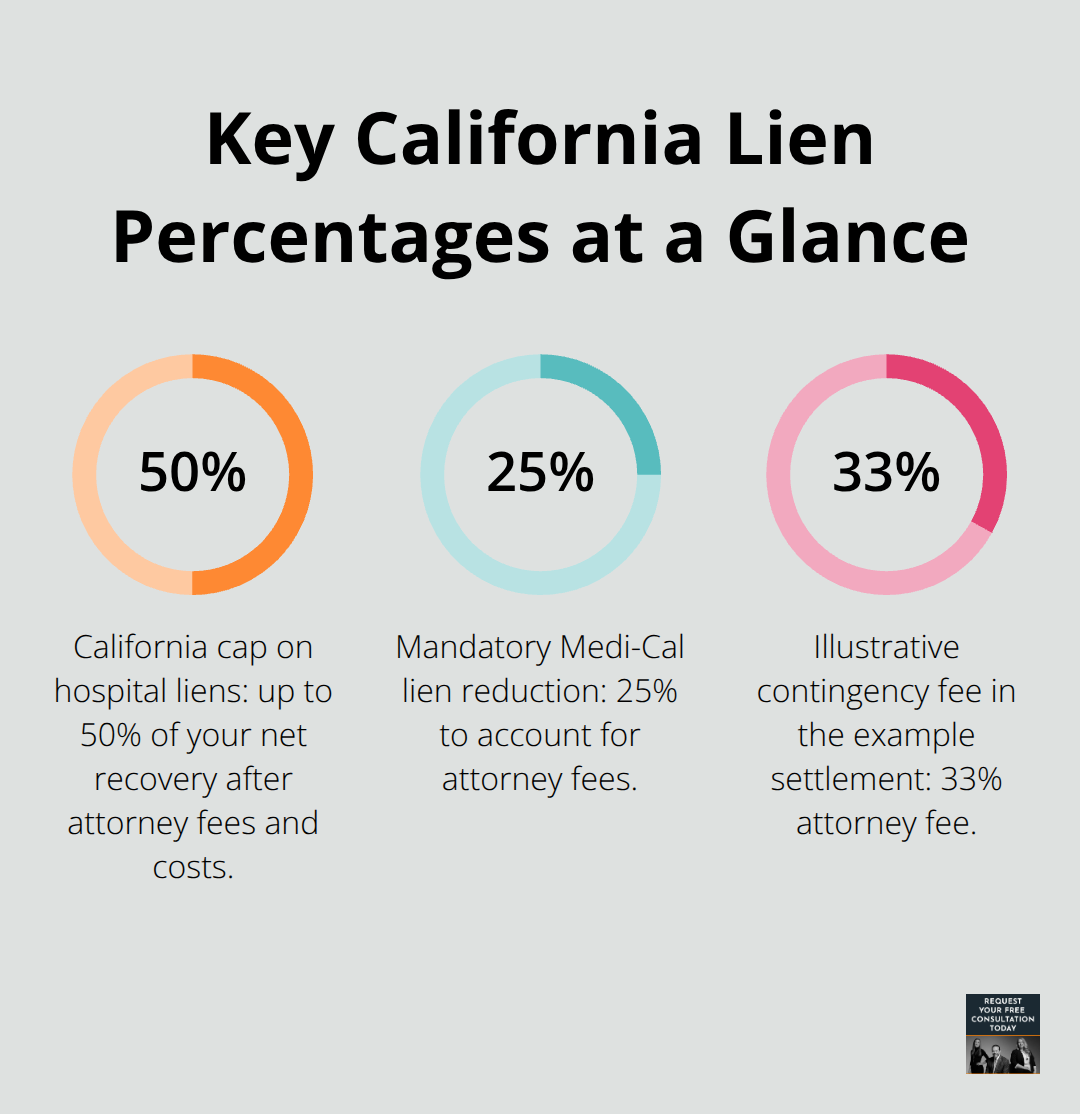Chart summarizing California lien percentage rules: 50% hospital cap, 25% Medi-Cal reduction, and a 33% example attorney fee.
