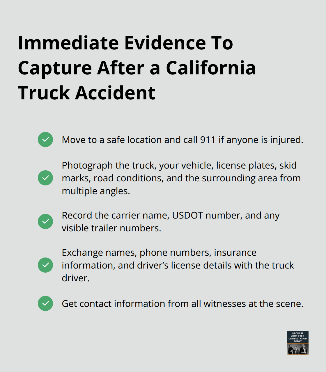 Checklist of key evidence to gather at a truck accident scene in California - Truck accident litigation steps