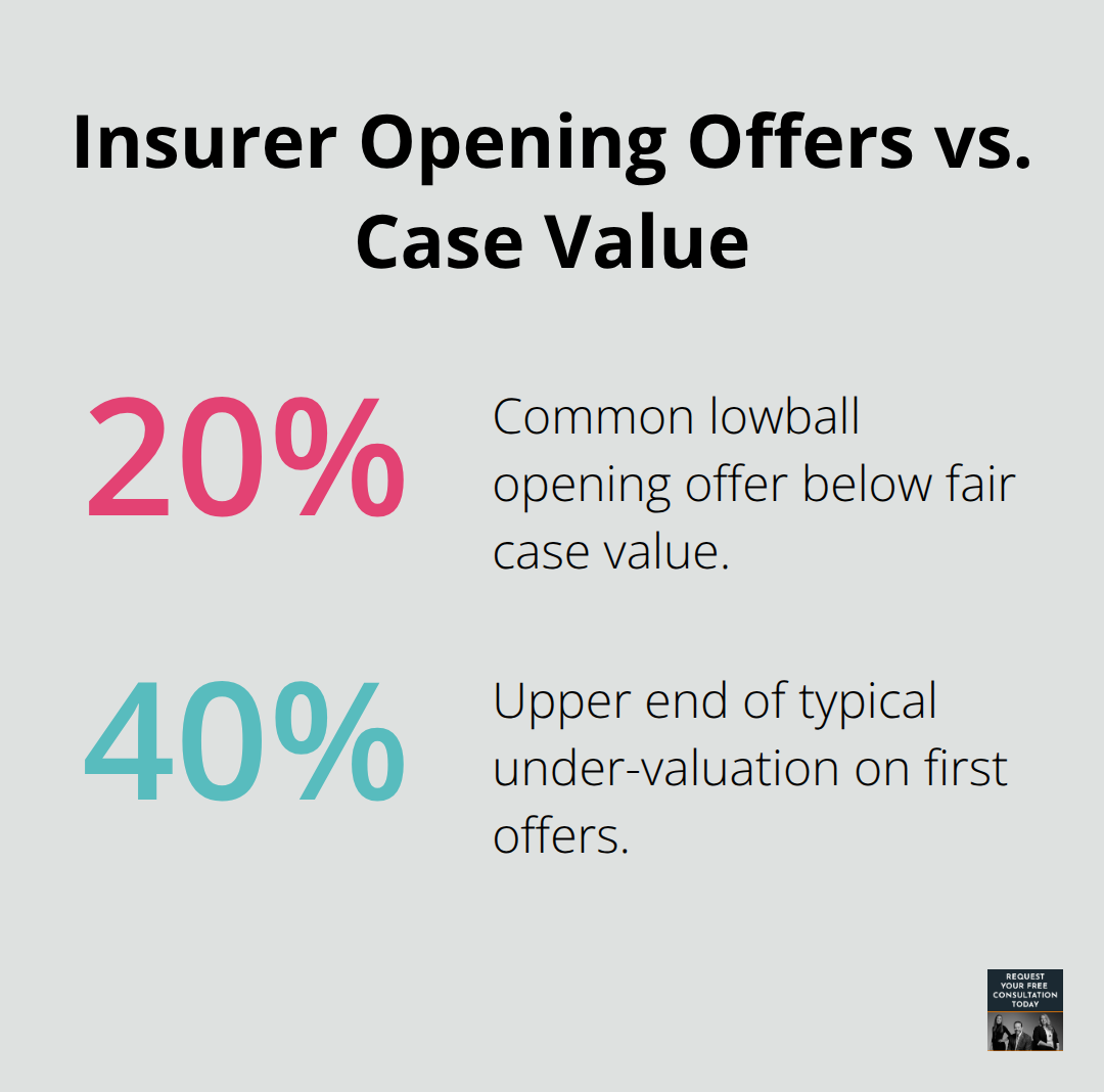 Percentage chart showing typical low initial settlement offers compared to actual case value - Truck accident litigation steps