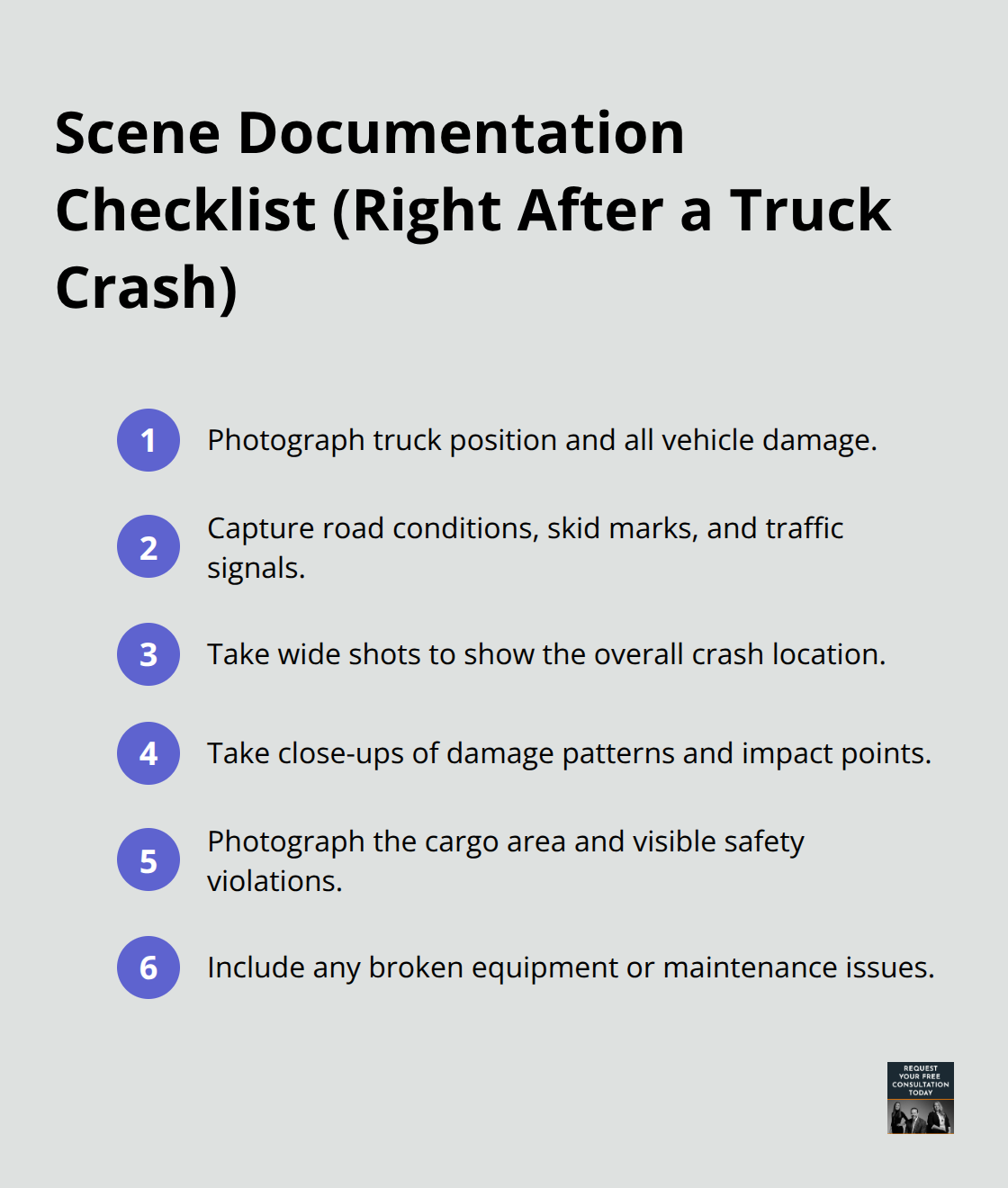 Compact checklist of photos to take and details to capture at a California truck accident scene. - Truck accident resources California