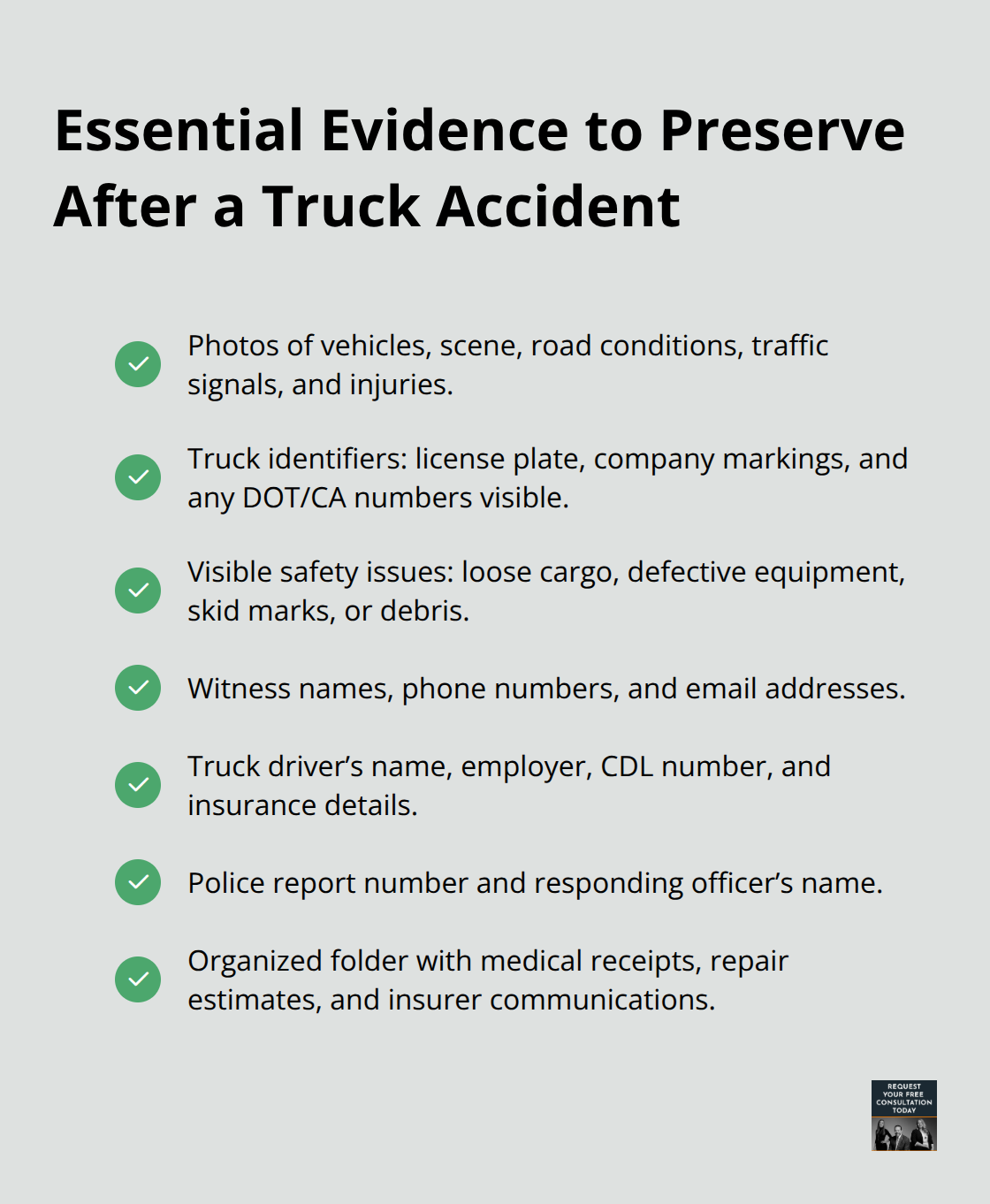 Checklist of key evidence items to gather immediately after a truck crash - Truck accident settlement timeline