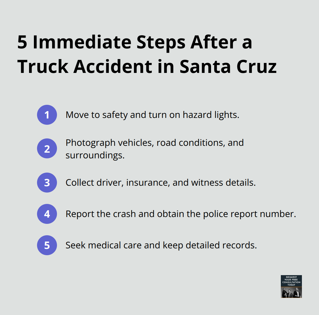 Five essential steps to take right after a truck accident in Santa Cruz to protect your claim. - Truck claim Santa Cruz