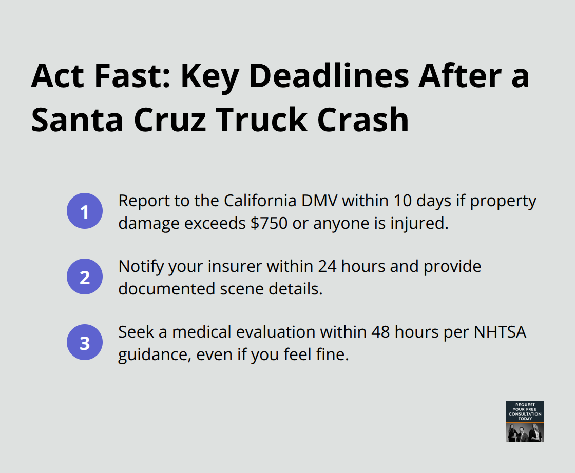 Compact ordered list highlighting 10-day DMV report, 24-hour insurer notice, and 48-hour medical evaluation timelines. - Truck claim Santa Cruz