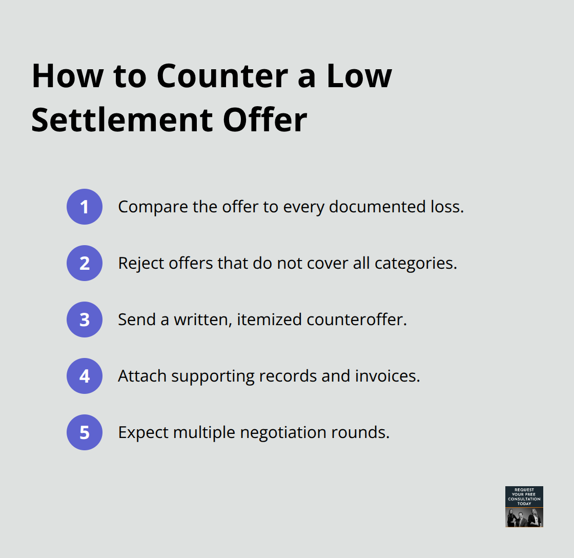 Compact list of steps to counter a low truck accident settlement offer in the U.S. - truck crash claim steps