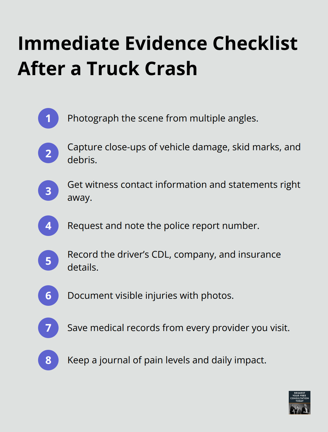 Compact checklist of steps to capture critical evidence after a truck collision - Truck crash damages Santa Cruz