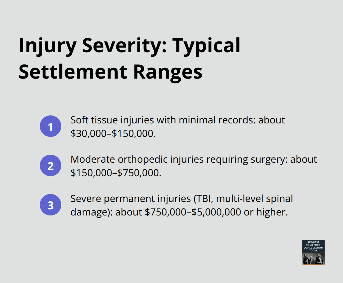 Three settlement ranges by injury severity for California truck crash claims.