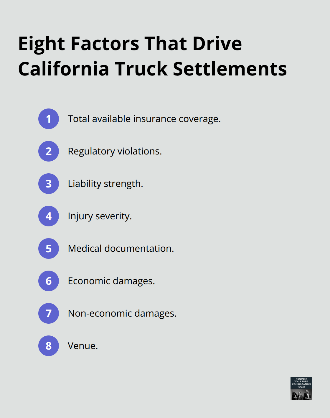 Compact list of the eight key factors that determine truck accident settlement value - Truck crash settlement California