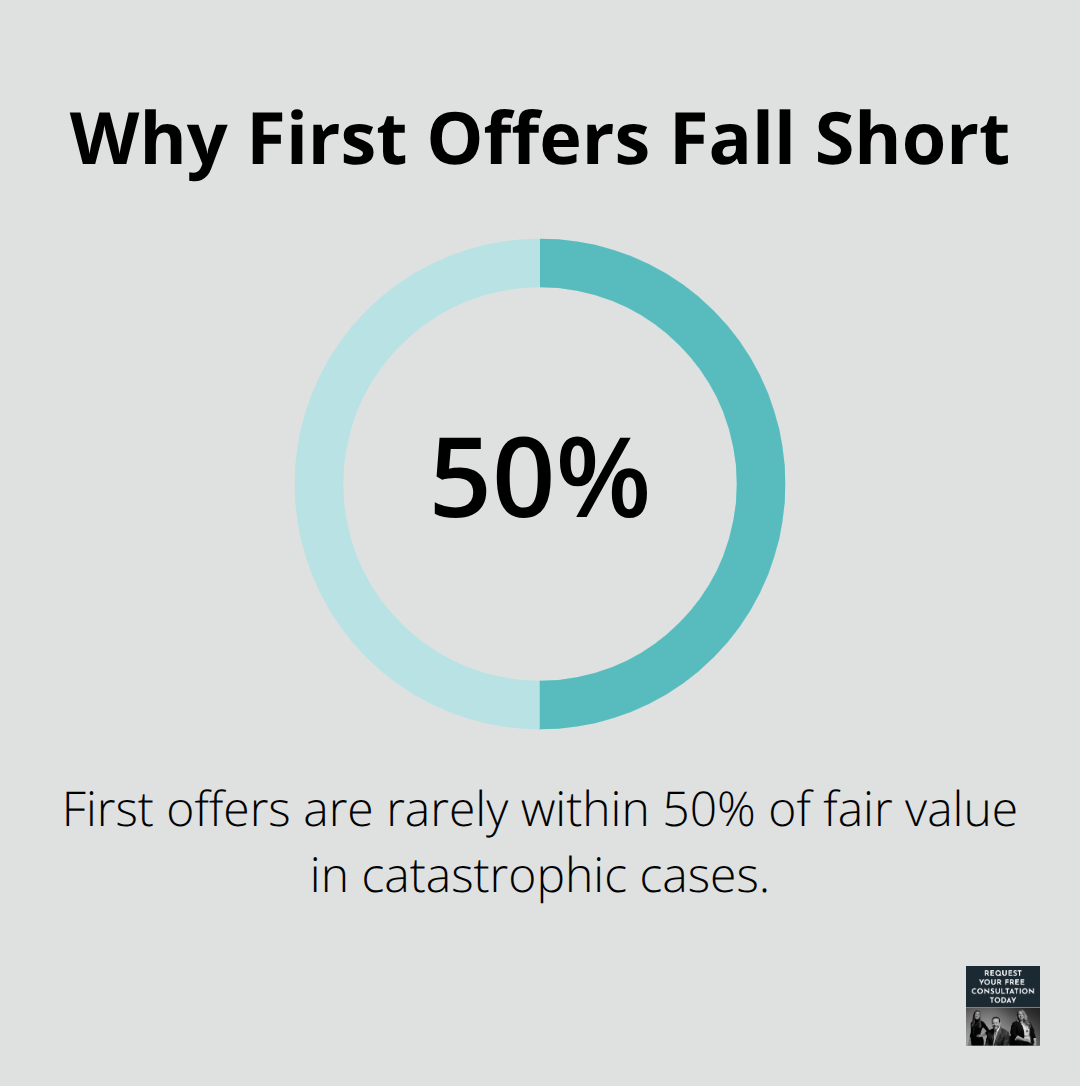 Percentage highlight showing that first offers are rarely within 50% of fair value in catastrophic truck crash cases. - Truck crash settlement